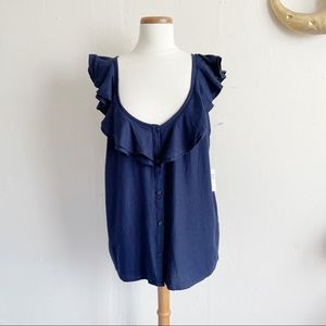 Navy Ruffle Linen Blend Button Blouse